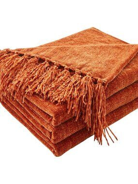 Chenille Throw Blanket, Rust Orange Fringe Blanket, 60"X80" | For Couch, Cozy Pl